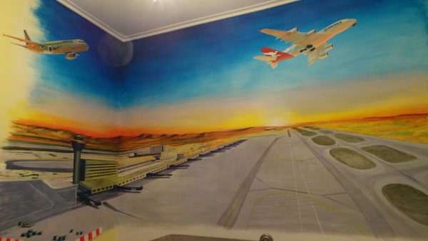 Sample work :A mural in a child's room with the theme of an airport.